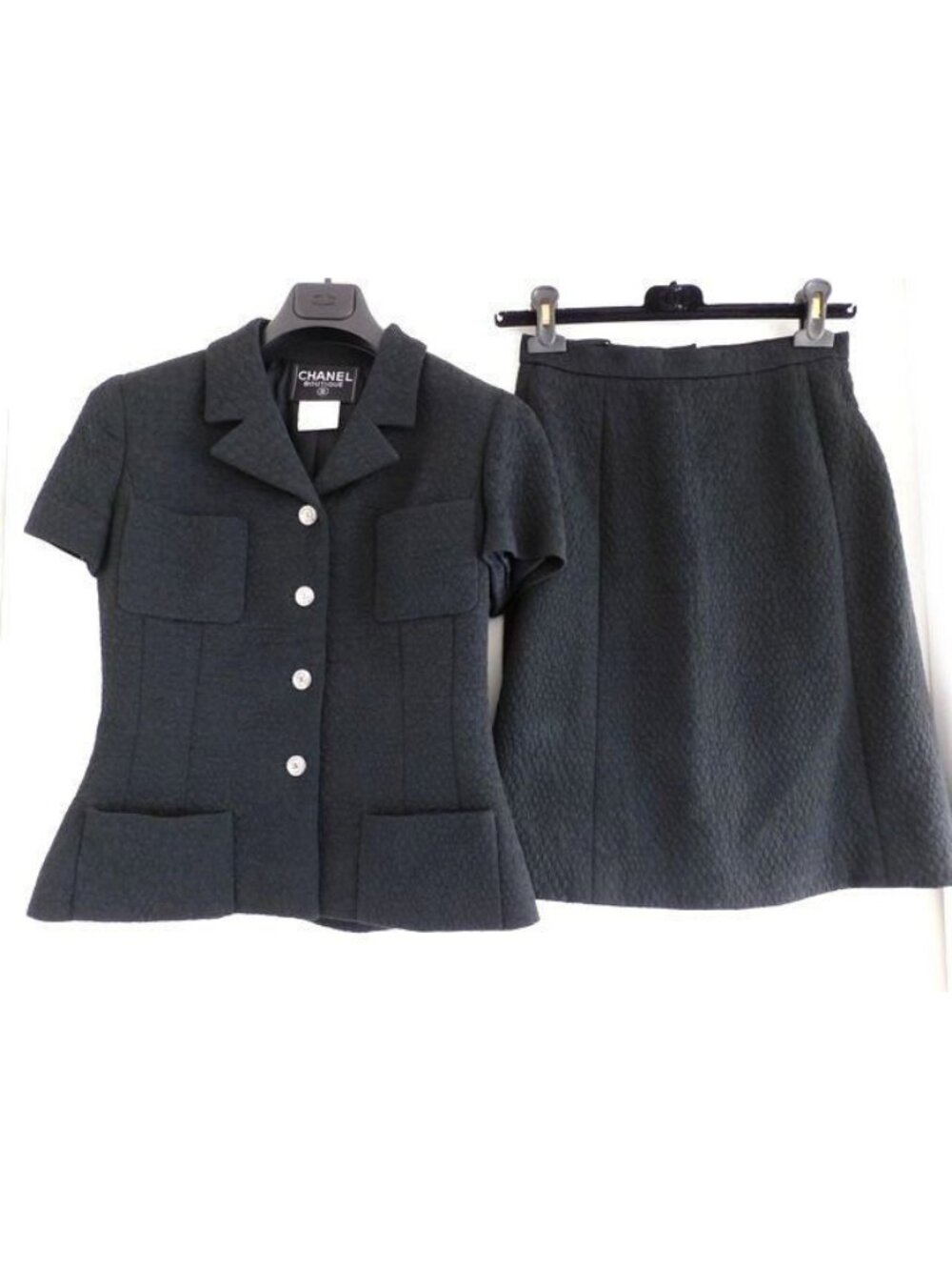 Chanel 97C Set Short Sleeve Jacket Skirt Black Suit 38